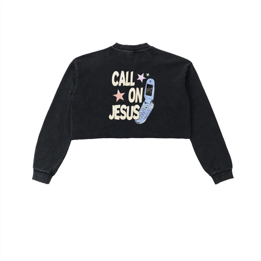 Call On Jesus | Snow Washed Raw Edge Cropped Sweatshirt - Halos