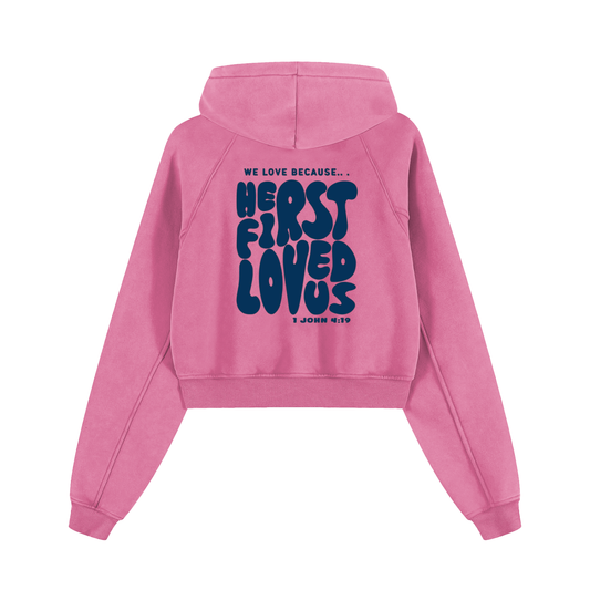 We Love Because He First Loved Us | Women's Snow Washed Cropped Hoodie - Halos