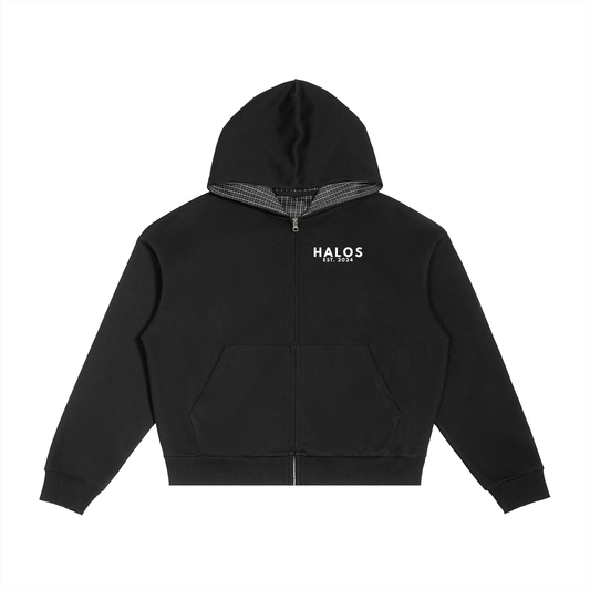 Plaid Zip up and Plaid barrel pants Cozy Club Black