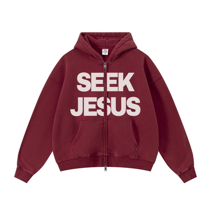 SEEK JESUS vintage wash zip up hoodie