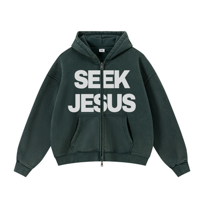 400GSM Unisex Vintage-Wash Boxy-Fit Zip-Up Hoodie Vintage Moss Green