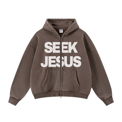 400GSM Unisex Vintage-Wash Boxy-Fit Zip-Up Hoodie Vintage Dark Brown
