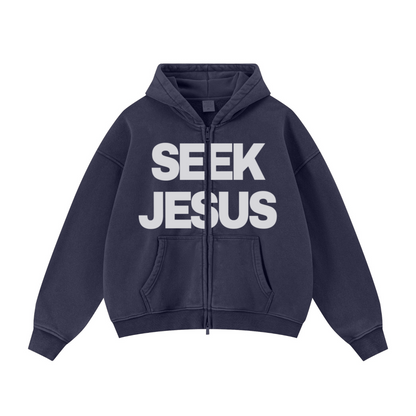 400GSM Unisex Vintage-Wash Boxy-Fit Zip-Up Hoodie Vintage Royal Blue