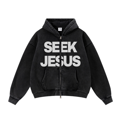 SEEK JESUS vintage wash zip up hoodie